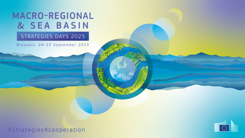 Promotional banner for “Macro-Regional & Sea Basin Strategies Days 2025,” held in Brussels on 24–25 September 2025. Features an illustrated globe, blue and green waves, and the hashtag #Strategies4cooperation.