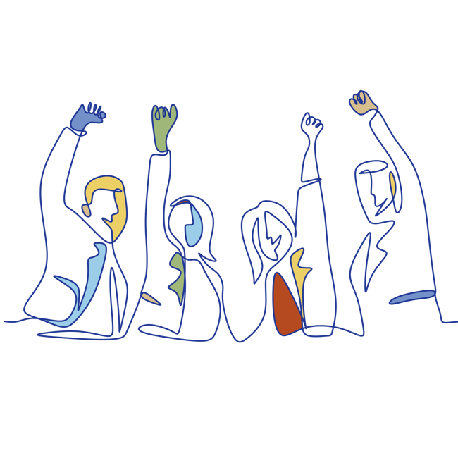 Abstract line drawing of four people raising their fists in the air, symbolizing unity or protest, with blue, yellow, orange, and green accents on a black background.