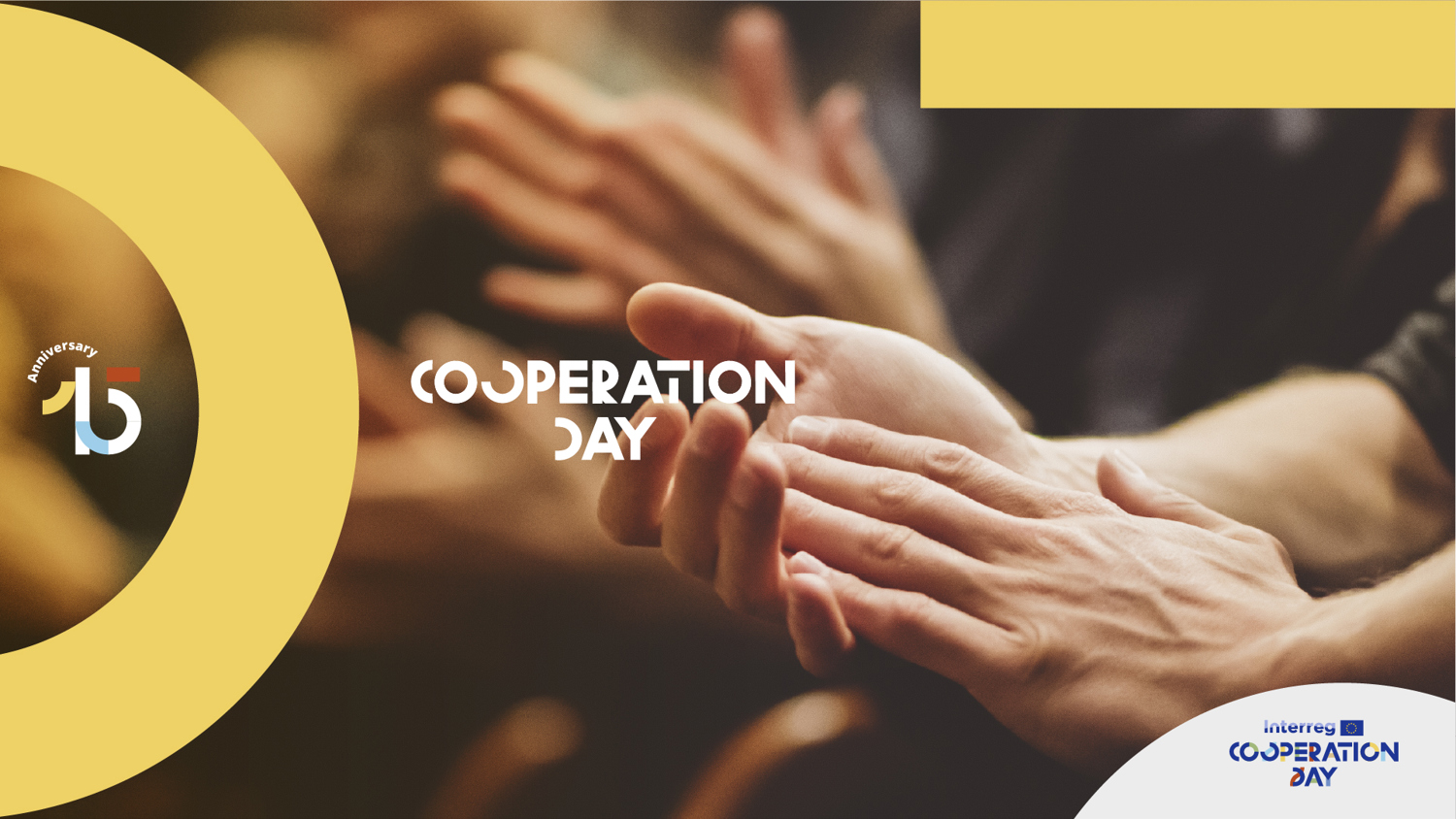 Hands clapping in applause with the words “Cooperation Day” centered. There is a yellow circle and block design, a “15 years” symbol, and a “Cooperation Day” logo in the corners.