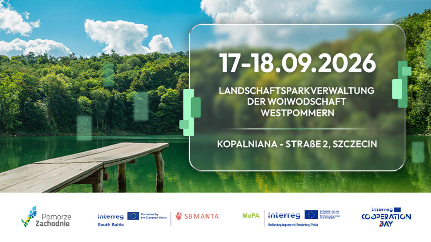 A dock juts into a lake with forested hills in the background. Overlaid text announces an event on 17-18.09.2026 at Kopalinana-Strabe 2, Szczecin. Logos and sponsors line the bottom.