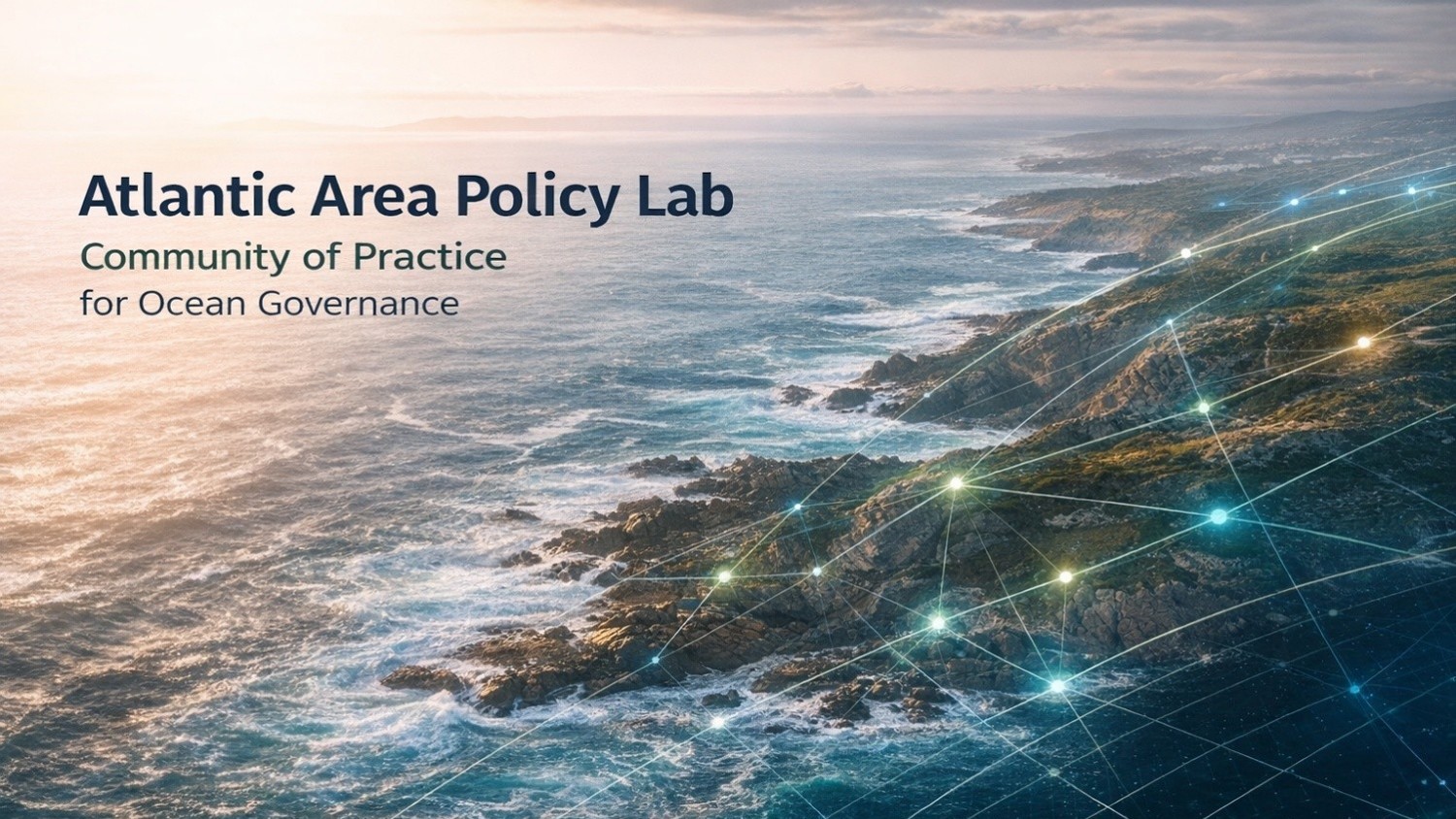 Rocky coastline at sunset with glowing network lines overlaid, illustrating Atlantic Area Policy Lab, Community of Practice for Ocean Governance.