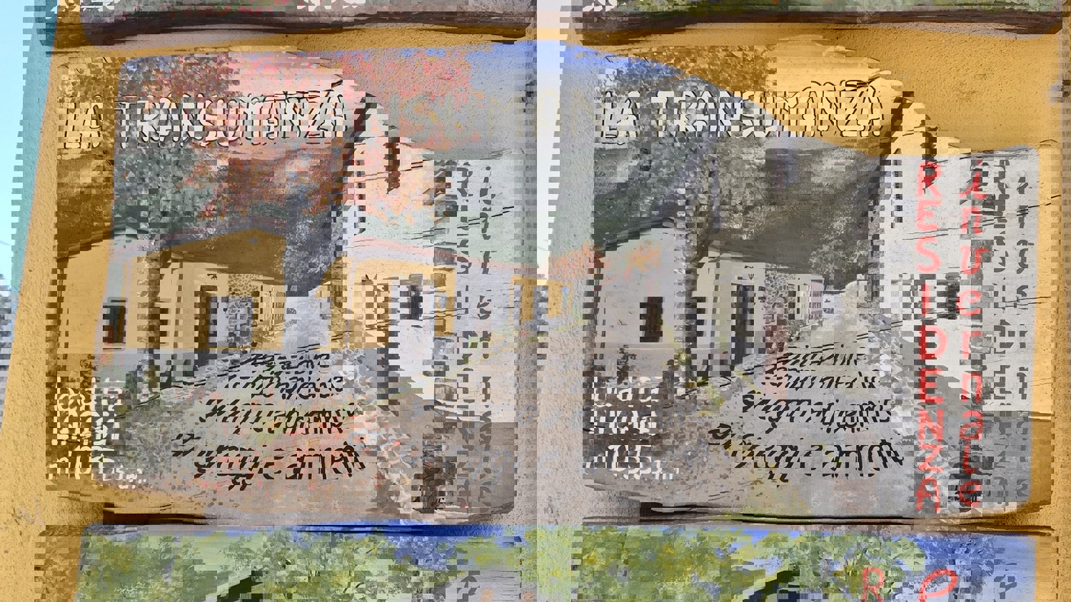 A distorted image showing four rectangular sections with blurred photos of buildings and illegible white and red text, set against a yellow background. The image appears pixelated and glitched.