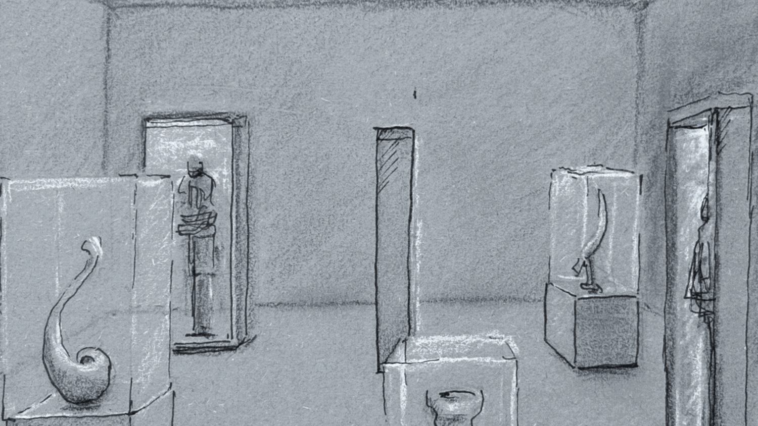 A pencil sketch shows an art gallery room with sculptures in glass cases. Spotlights hang from the ceiling. Four sculptures are visible, including abstract and human figures. The scene is quiet and minimalistic.