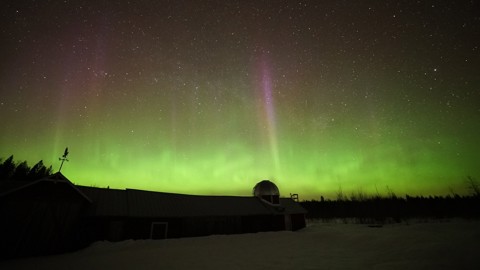 A night sky filled with green and purple aurora borealis above a dark building with a dome, surrounded by snow and trees, under a field of stars.