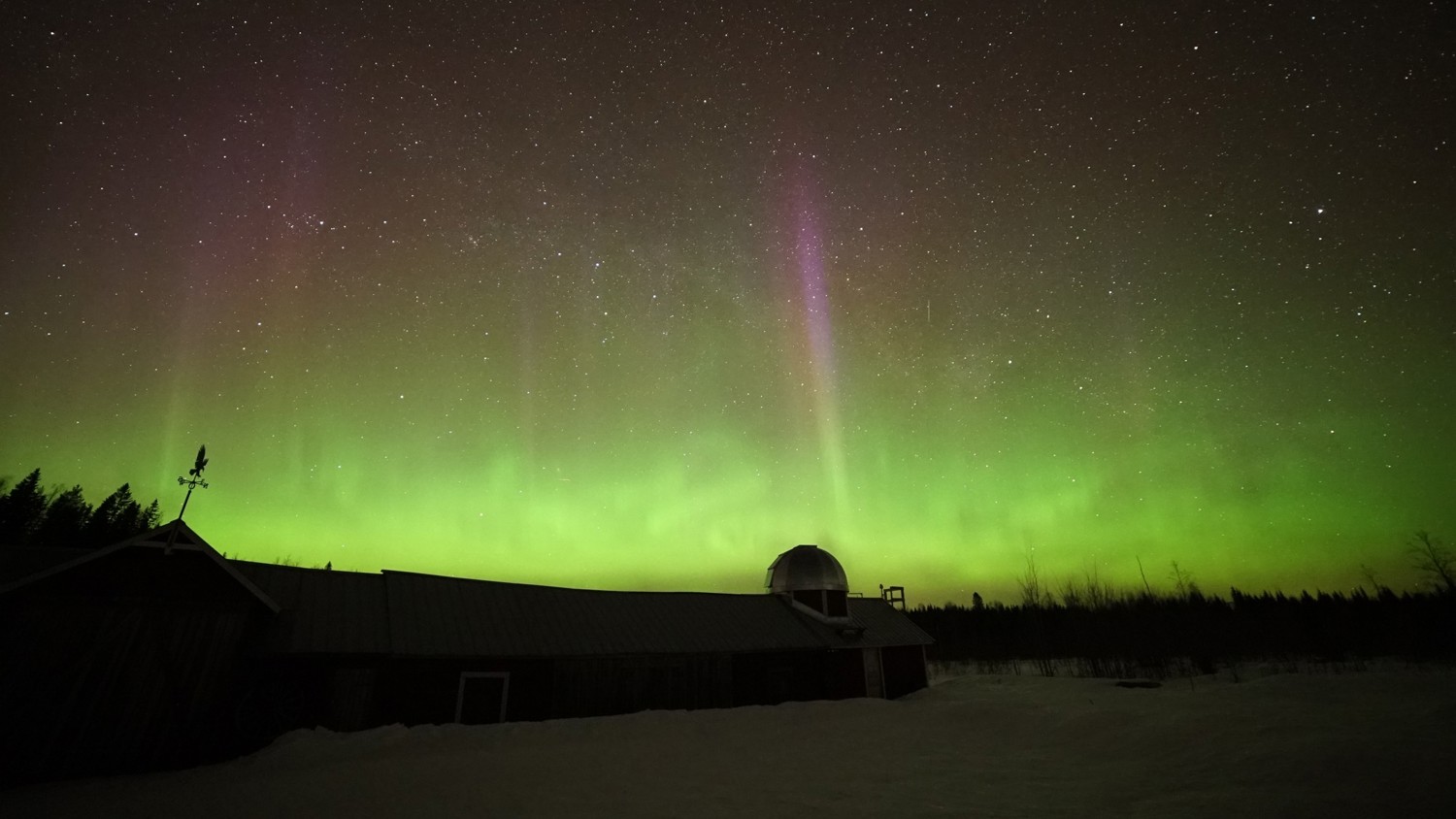 A night sky filled with green and purple aurora borealis above a dark building with a dome, surrounded by snow and trees, under a field of stars.