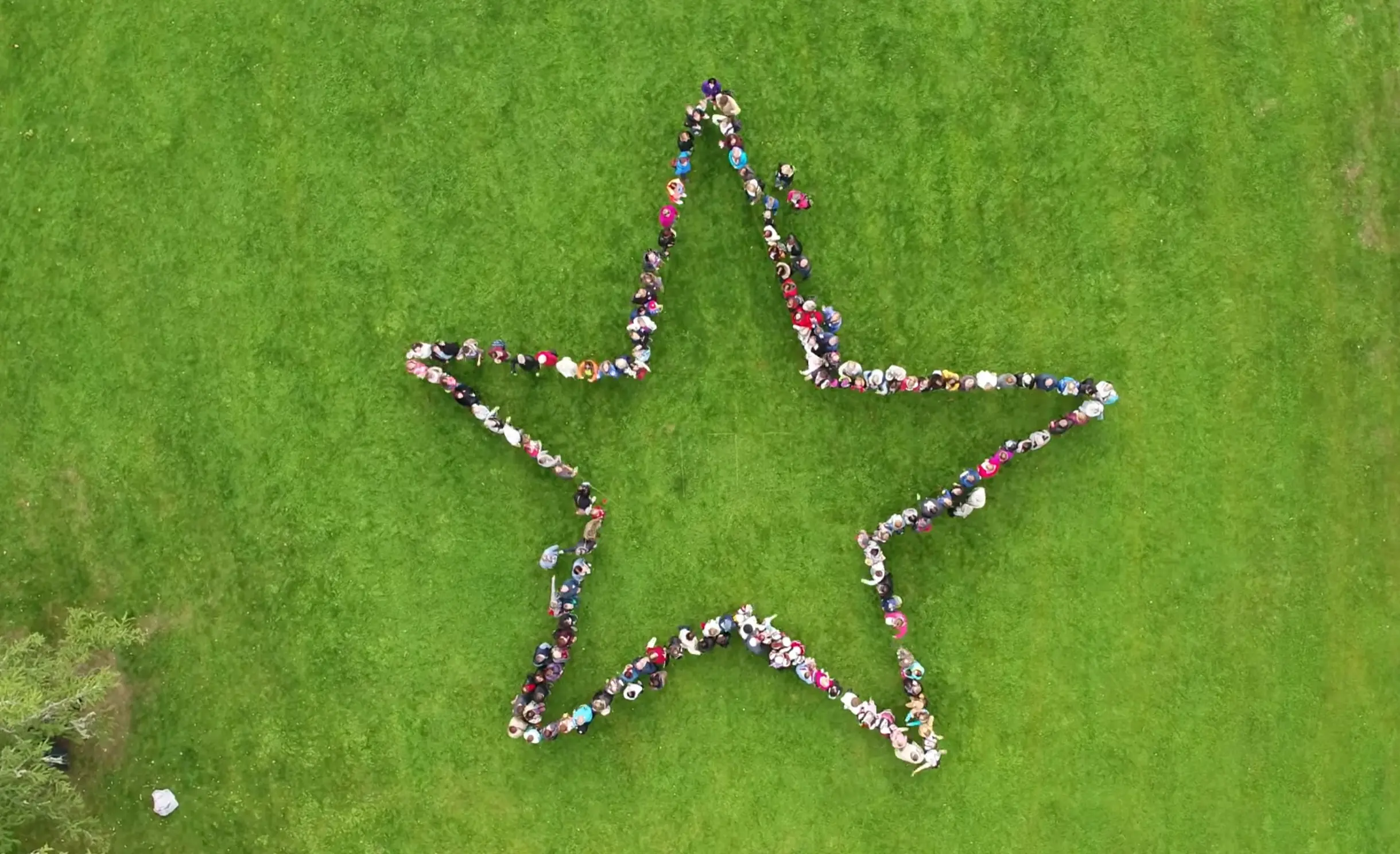 A large group of people lying on grass form the shape of a five-pointed star, viewed from above. The people create an outline of the star against a bright green lawn.