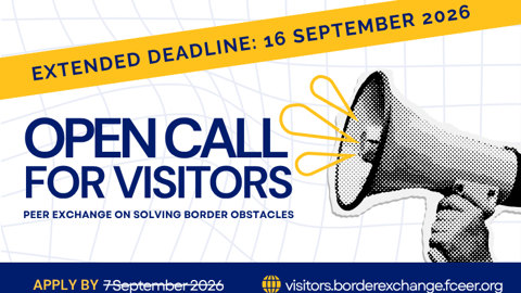 A megaphone graphic and text announce an extended deadline for an open call for visitors, with new deadline 16 September 2026, for a peer exchange on solving border obstacles. Includes EU and Fundación CEER logos.