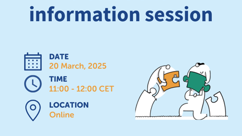 Informational graphic for a "b-solutions" session on March 20, 2025, from 11:00 to 12:00 CET, held online. Includes logos and a cartoon of two figures connecting puzzle pieces.