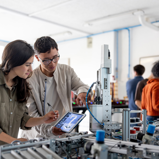 Two young adults collaborate in a lab, using a digital tablet and examining equipment as part of a robotics or engineering project. Two more people work in the background, also engaged with technical machinery.