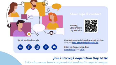 An informational graphic for Interreg Cooperation Day 2026 with icons for social media, a QR code, contact email, website links, and cartoon people. The slogan reads: “Let’s showcase how cooperation makes Europe stronger.”.