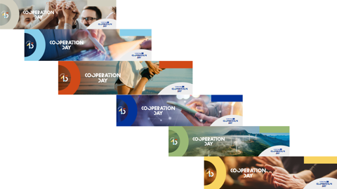 A series of six overlapping banners marked "Cooperation Day" show images of hands joined, people collaborating, using technology, supporting each other, and scenic landscapes with the EU emblem on each.
