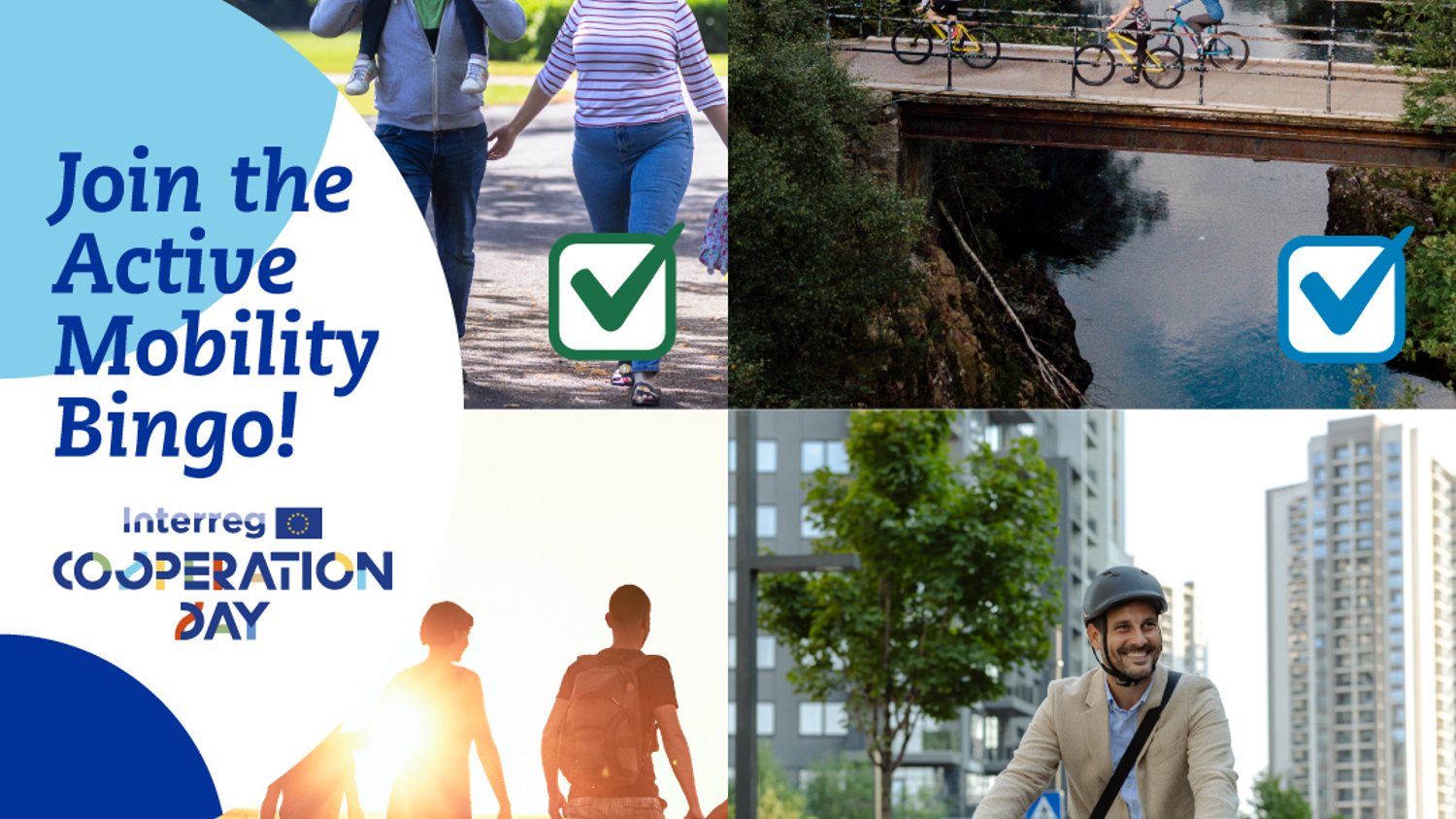 A collage with people walking and biking outdoors, green check marks on each photo, and the text "Join the Active Mobility Bingo! Interreg Cooperation Day" with EU and Interreg logos.