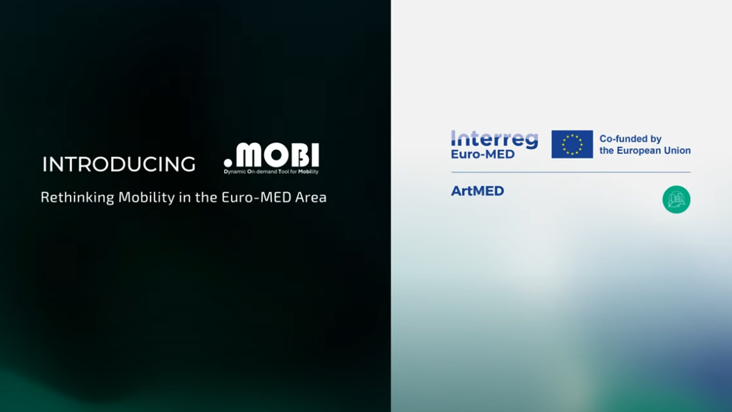 Split screen with "Introducing .MOBI: Rethinking Mobility in the Euro-MED Area" on the left and logos for Interreg Euro-MED, EU, ArtMED, and another icon on the right.