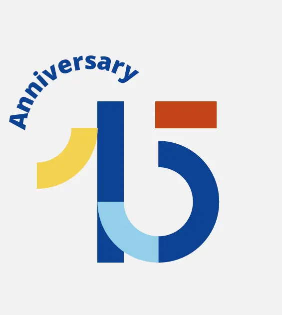 Stylized graphic of the number 15 with colorful geometric shapes in blue, yellow, light blue, and red, and the word "Anniversary" curved above the number.