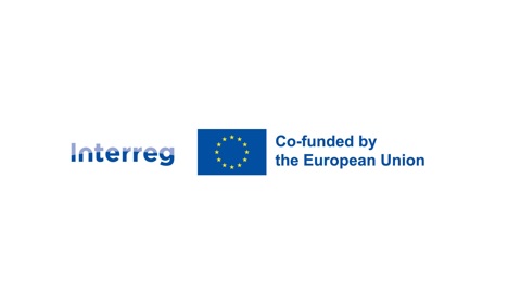 Logo with text "Interreg" on the left and a blue rectangle with yellow stars, resembling the EU flag, on the right. Next to the flag is the text "Co-funded by the European Union.