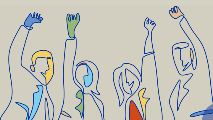 A minimalistic line drawing of four people with raised fists, illustrating unity and empowerment. Each figure is outlined in blue with touches of color on their clothing and faces.
