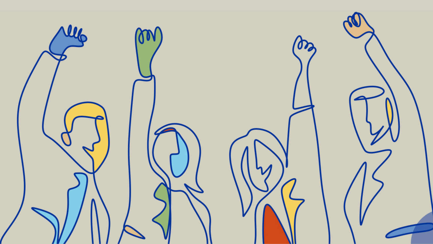 A minimalistic line drawing of four people with raised fists, illustrating unity and empowerment. Each figure is outlined in blue with touches of color on their clothing and faces.