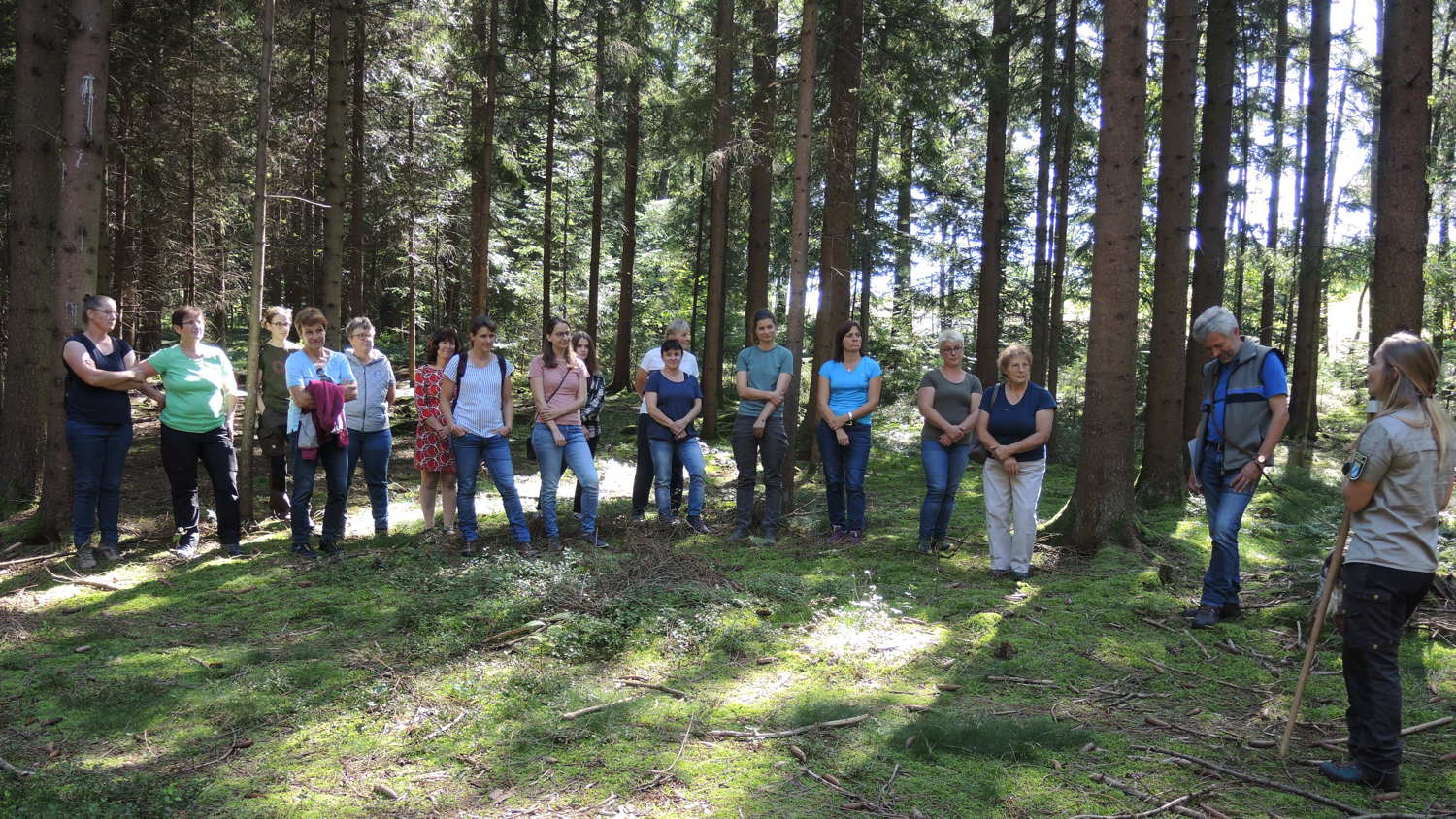 A group of people stands in a circle in a forest clearing. They appear to be engaged in conversation or listening to someone speak. Sunlight filters through the trees, casting dappled shadows on the forest floor.