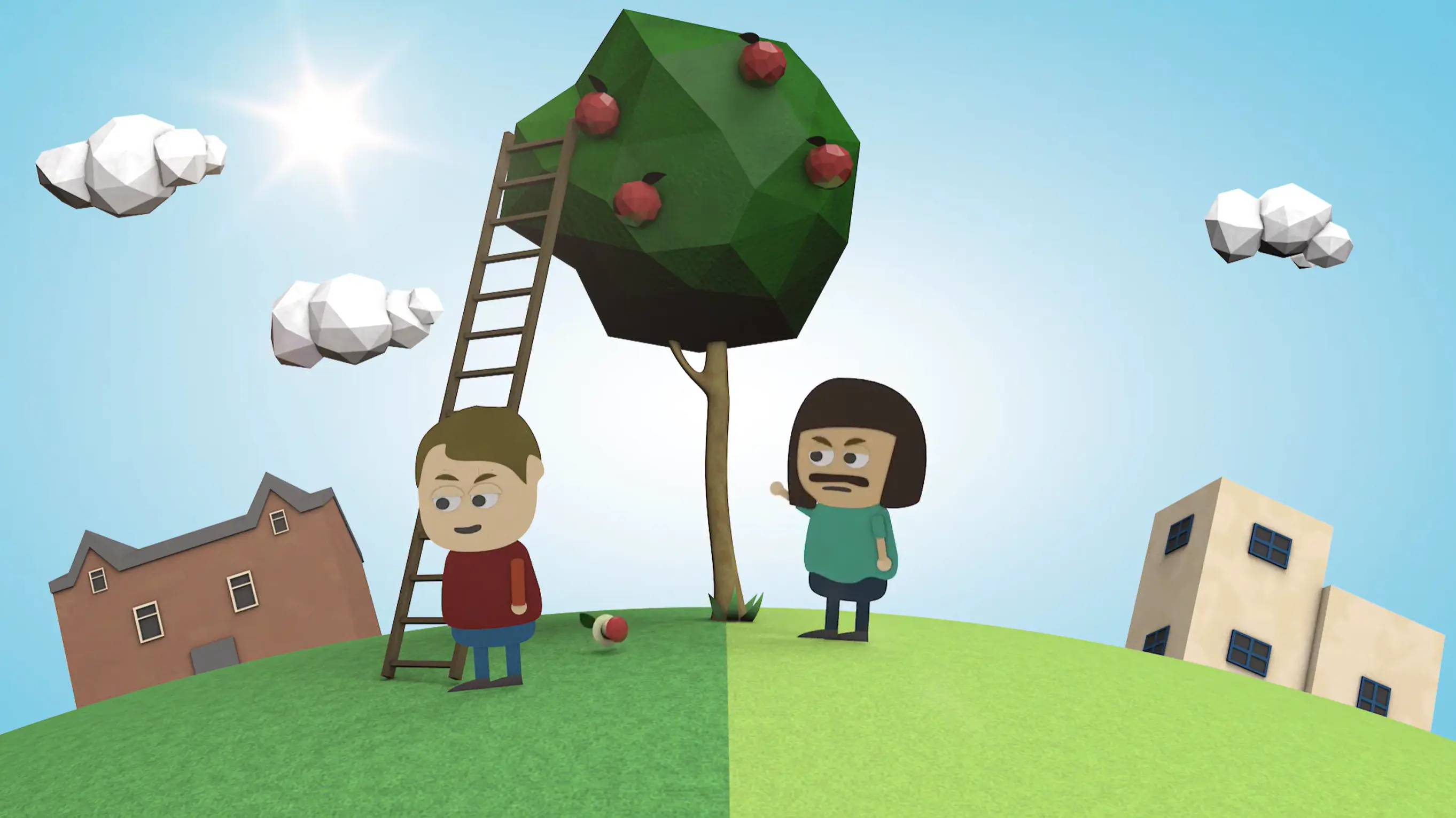 Two cartoon people stand on grass under a tree with red apples and a ladder. One person looks puzzled near a fallen apple; the other points at the tree. Sun and clouds are in the sky, with buildings in the background.