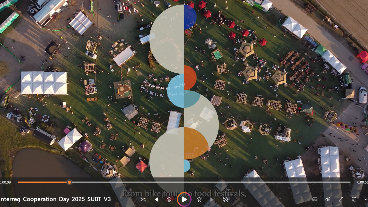 Aerial view of an outdoor festival with tents, booths, and crowds on a grassy area; translucent overlapping circles overlay the center. Video player controls are visible at the bottom.