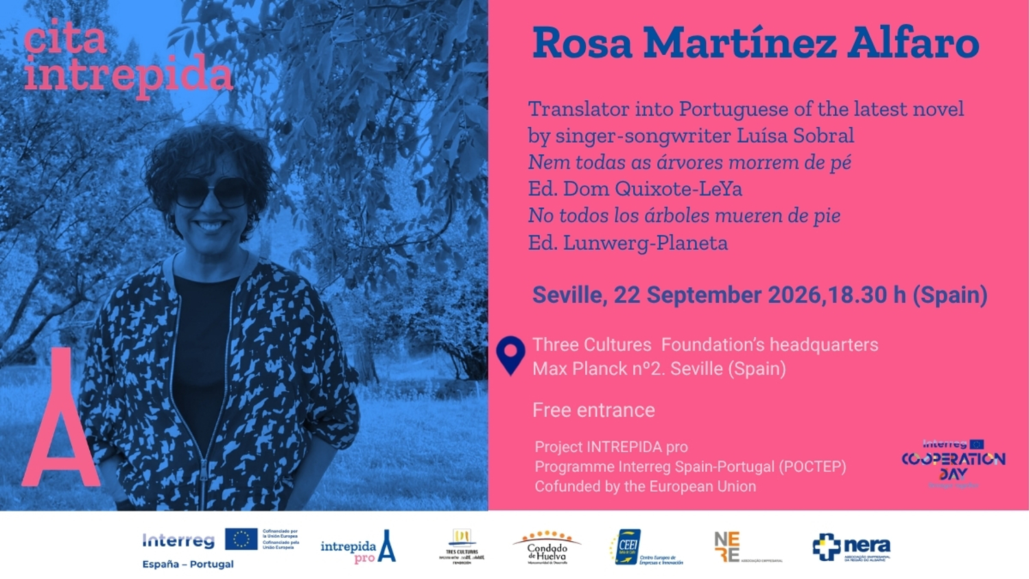 Event poster featuring Rosa Martínez Alfaro, translator, with event details for a talk in Seville, Spain, on September 22, 2026. She is pictured smiling in sunglasses, outdoors, with blue and pink text overlay.