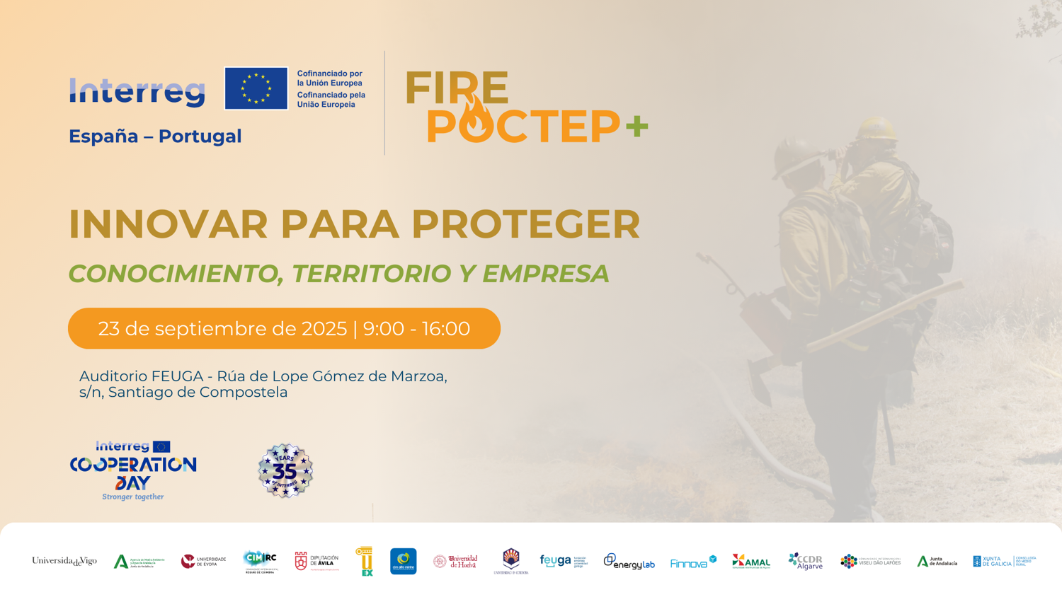 Event poster for "INNOVAR PARA PROTEGER" with firefighters in the background. Details: 23 Sept 2025, 9:00-16:00, Auditorio FEUGA, Santiago de Compostela. Logos of sponsors and EU Interreg displayed.