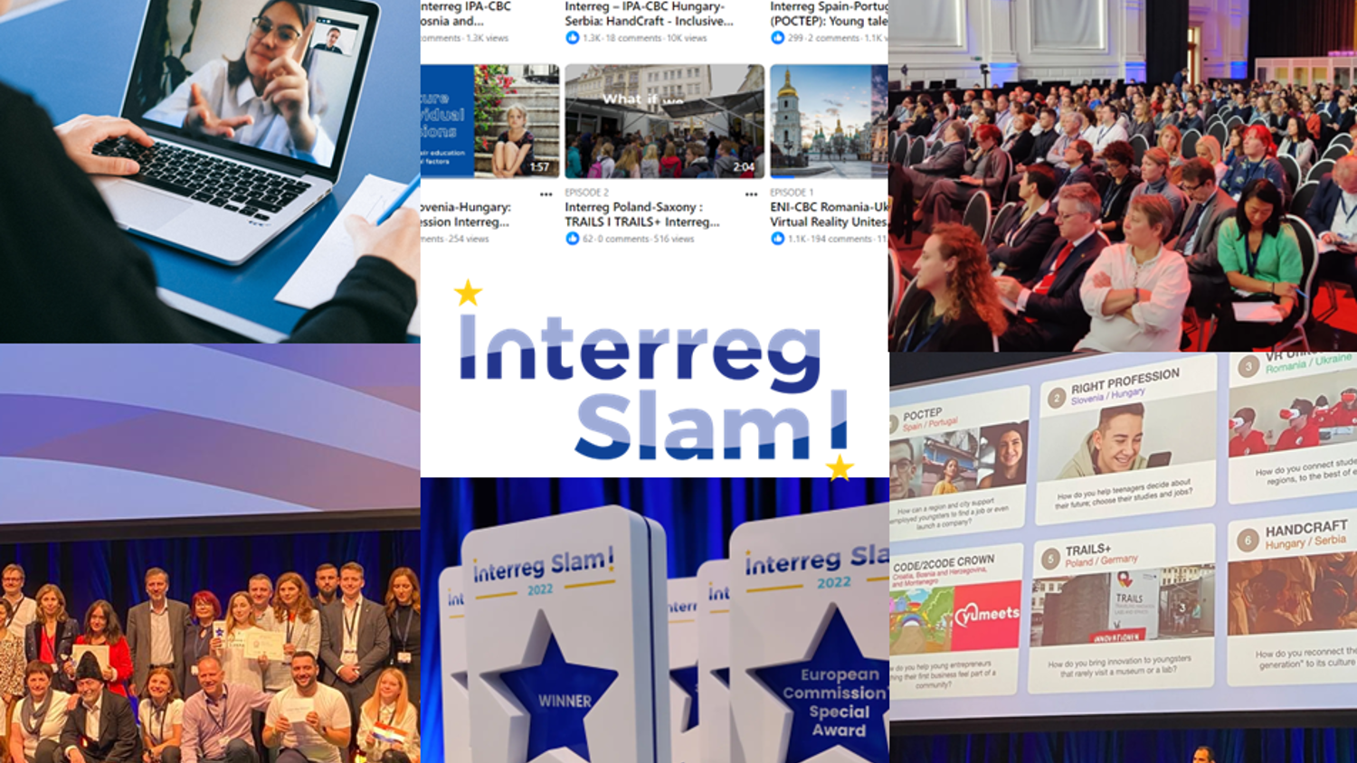 A collage featuring people on a video call, a conference audience, a group celebrating with awards, and the "Interreg Slam!" logo in the center. Additional images show slides of project presentations and close-ups of the trophies.