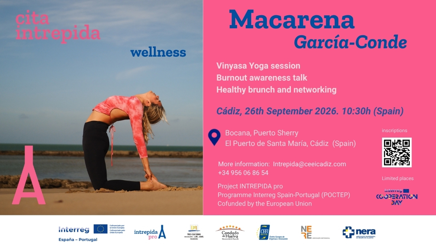 A woman does a yoga backbend on a beach. Text details a wellness event with yoga, a burnout talk, and brunch in Cádiz, Spain, on 26th September 2026. Logos and contact info are shown.