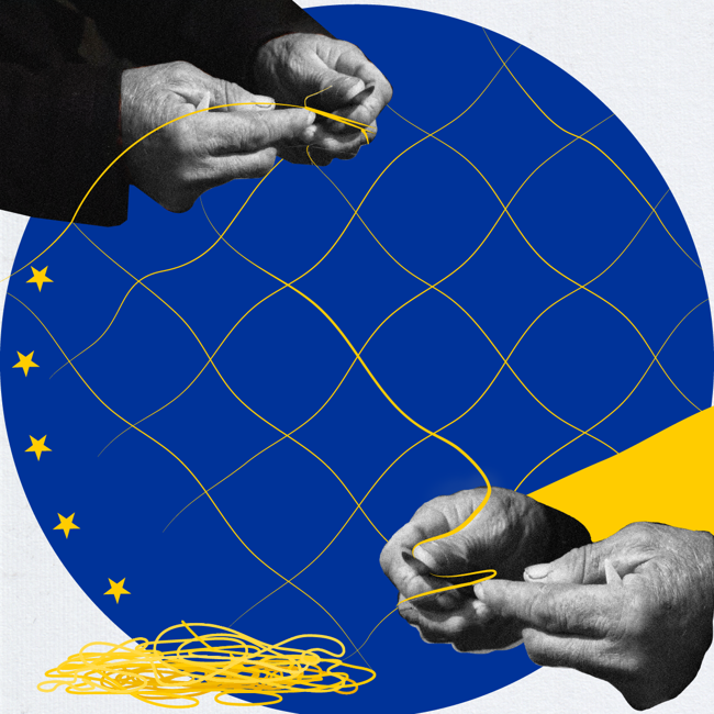 Artwork of three hands sewing a net with yellow thread against a blue circular background. Yellow stars are scattered, resembling a flag motif.