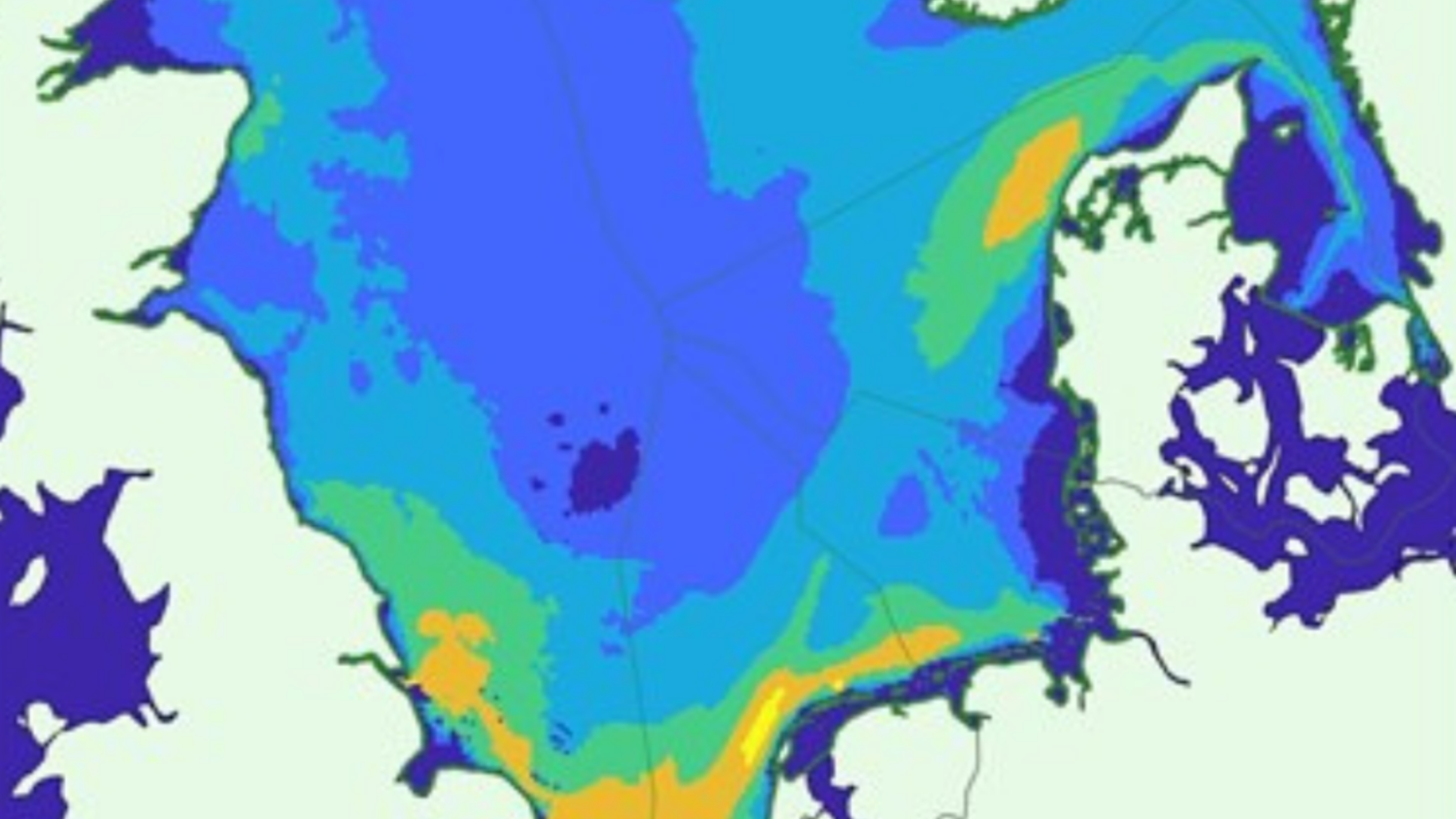 A colorful map depicting water depths in shades of blue, yellow, and green. Deepest areas are dark blue, transitioning to lighter blue, green, and yellow in shallower regions. Jagged coastlines and water bodies are outlined in dark colors.