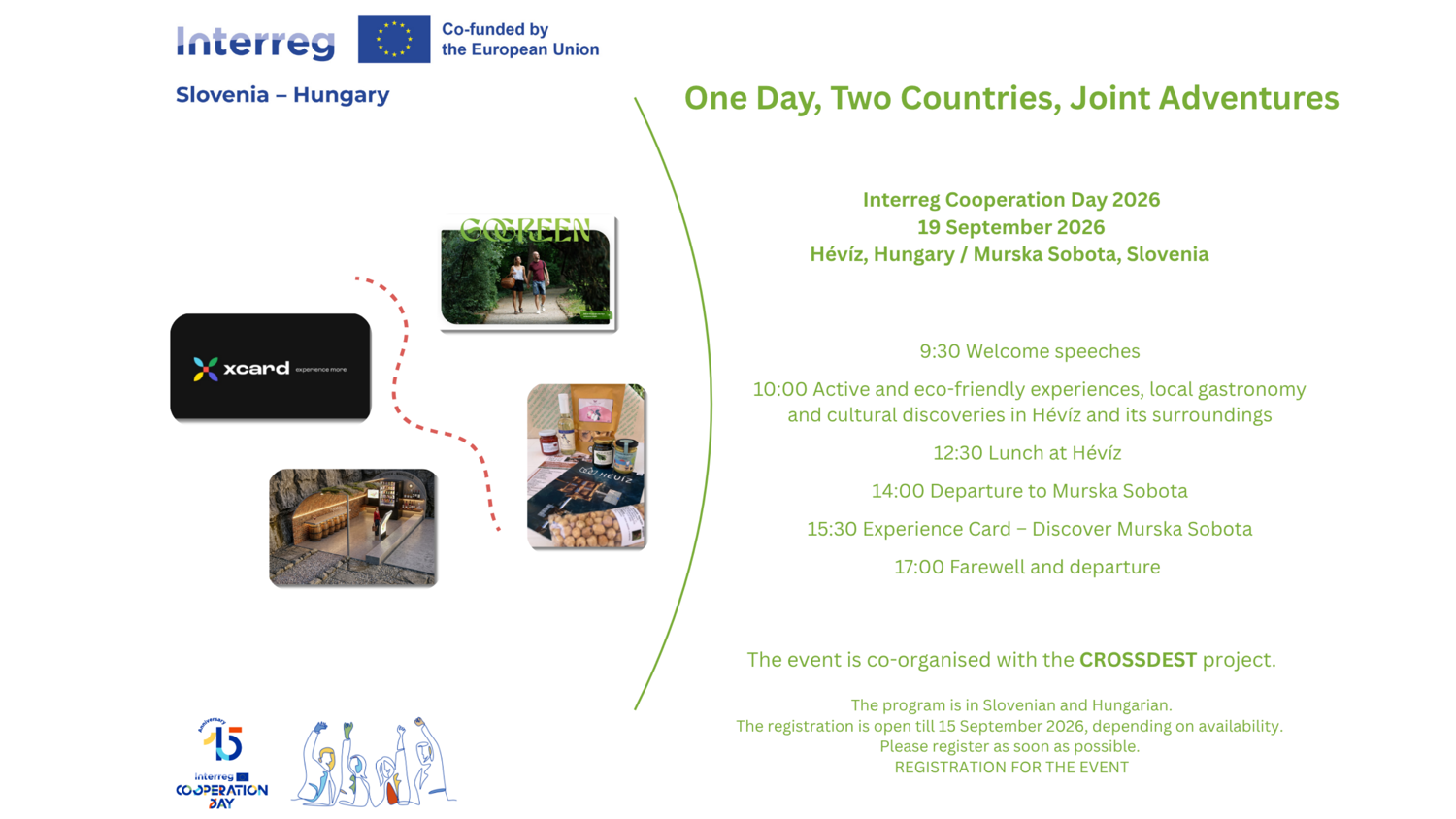 Event flyer for Interreg Cooperation Day 2026, detailing a joint Slovenia-Hungary event with a schedule, logos, and an image of people outdoors. Event date: 19 September 2026. Registration info included.