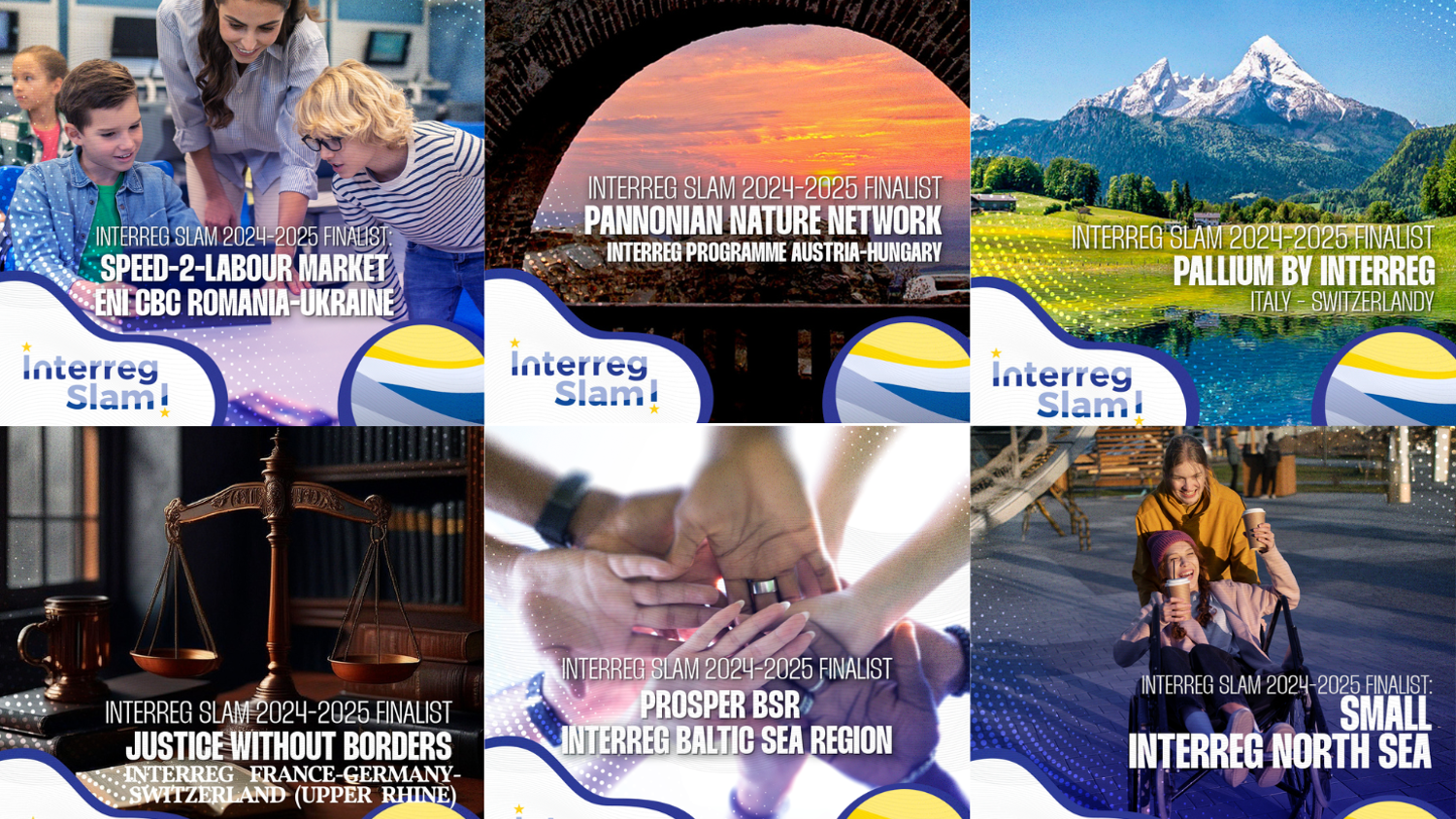 A collage of six Interreg Slam 2024-2025 project finalists, each panel showing a project title, partner countries, and a relevant background image, including people, nature, and family scenes. Interreg Slam logos are also visible.