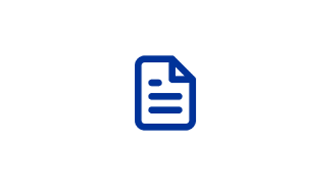 Icon of a blue document on a white background, featuring a folded corner and three horizontal lines representing text.