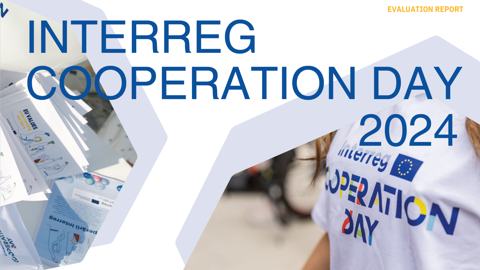 Promotional image for INTERREG Cooperation Day 2024, showing brochures on a table and a person wearing a white t-shirt with the event name and an EU flag design. "Evaluation Report" appears in yellow at the top right.