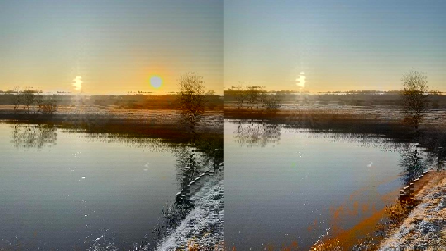A photo of a calm lake surrounded by trees and greenery under a blue sky, but the image is heavily distorted with horizontal blue and white digital glitches.