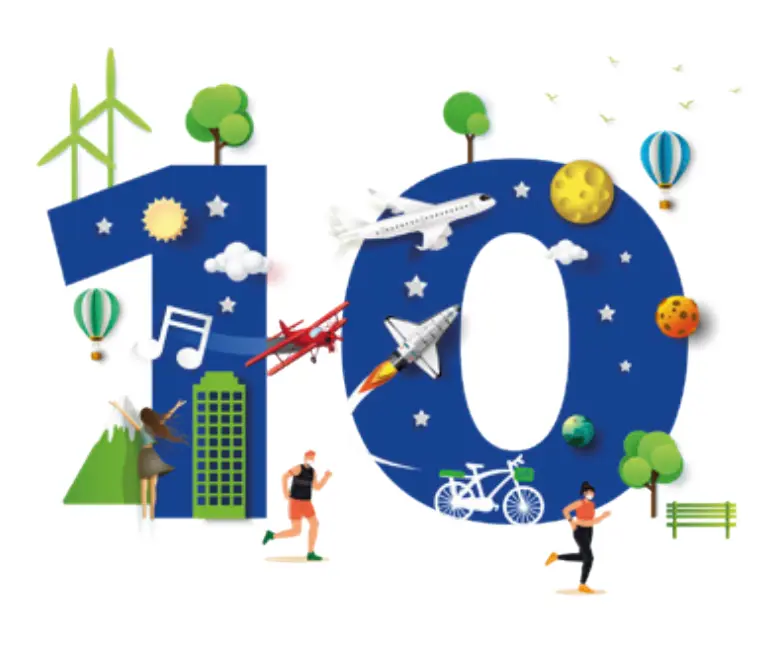 Large blue number 10 decorated with images of wind turbines, trees, planes, a rocket, sun, stars, clouds, hot air balloons, musical notes, a green building, a bicycle, and people walking or running.