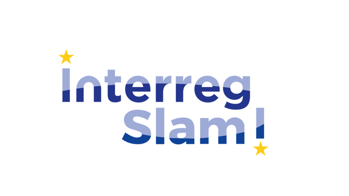 Text "Interreg Slam!" in bold blue letters on a black background, with two yellow stars—one at the start of "Interreg" and one after the exclamation mark in "Slam!".
