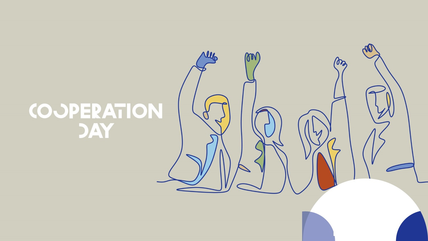 A minimalist line drawing of four people raising their hands in celebration, next to the text “Cooperation Day” on a light beige background.