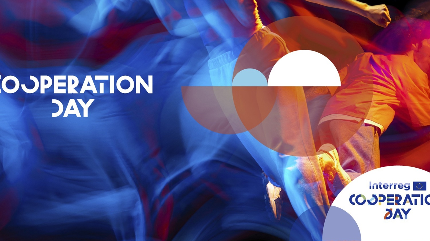 Abstract image with blurred figures in motion, vibrant blue, red, and orange colors. Text reads “Cooperation Day” and “Interreg Cooperation Day” with geometric shapes including circles and semi-circles.