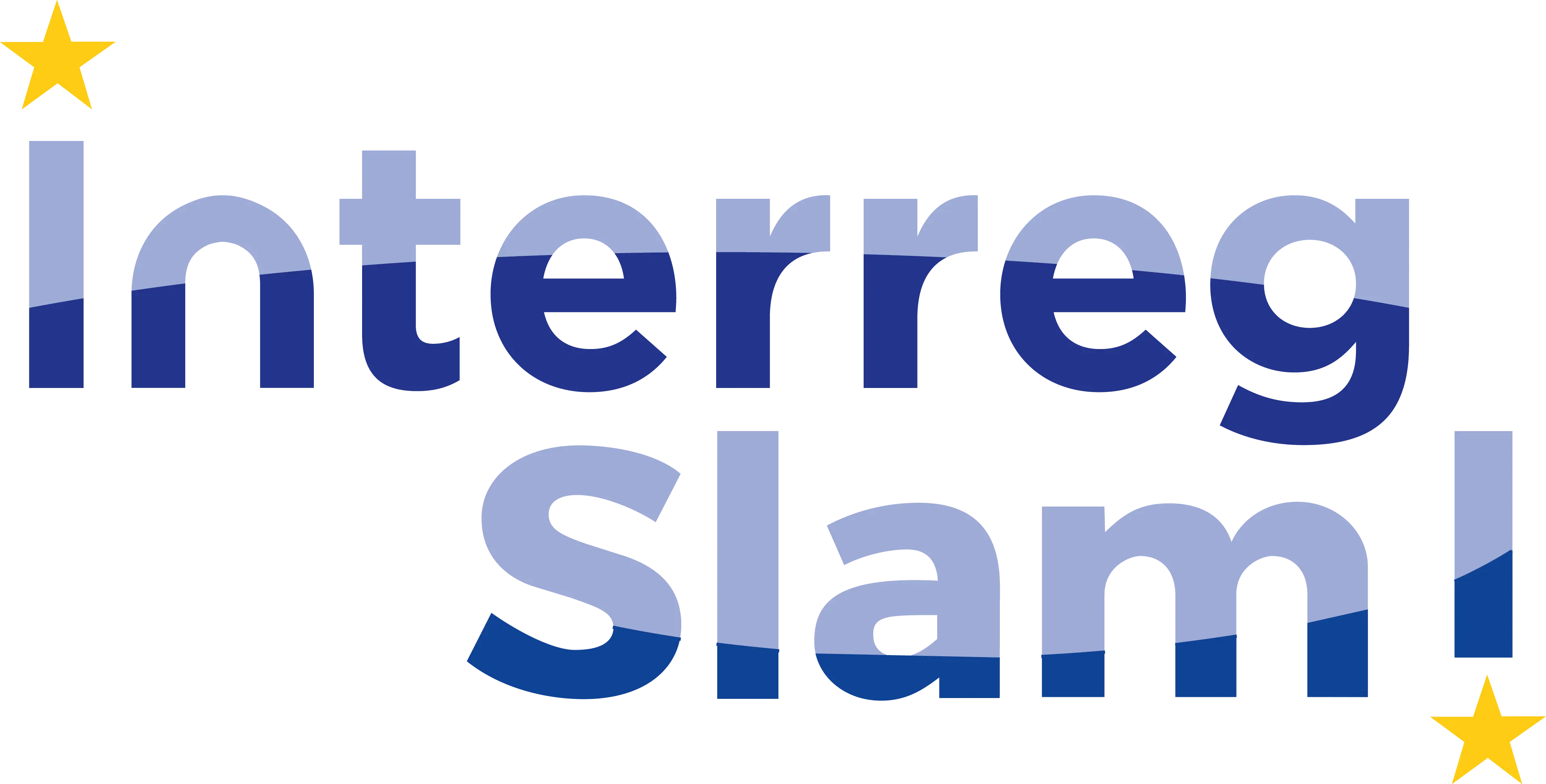 Logo with the words "Interreg Slam!" in bold, blue gradient text on a black background, with a yellow star at the upper left and lower right corners.