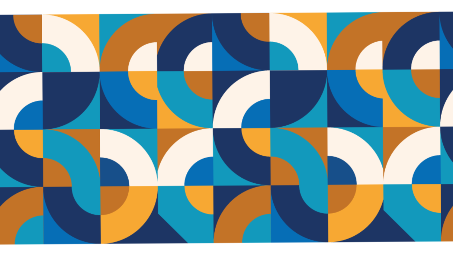 Geometric pattern with interlocking shapes in shades of blue, orange, and white. The design features semi-circles and quarter circles creating a repetitive, symmetrical mosaic across the image.