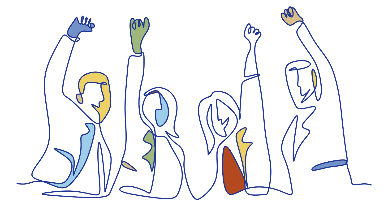 A colorful, stylized line drawing of four people raising their hands enthusiastically, suggesting unity, support, or participation. Each figure has distinct colors and simplified features.