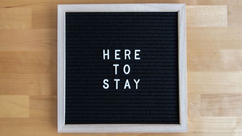 A black letter board with a light wooden frame displays the words "HERE TO STAY" in white uppercase letters, placed on a light wood surface.