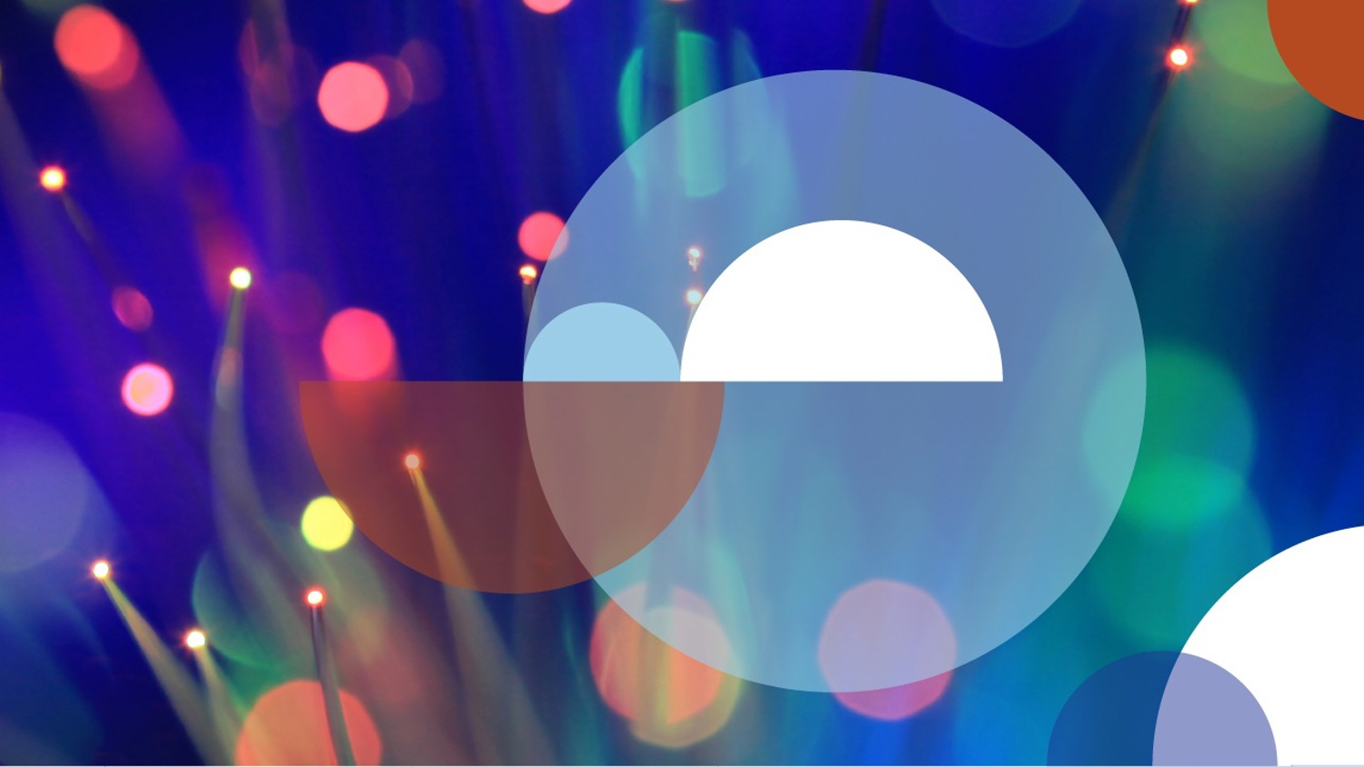 Colorful blurred lights with abstract overlapping semi-transparent circles and half-moon shapes in blue, orange, and white overlaid on the left and right sides.