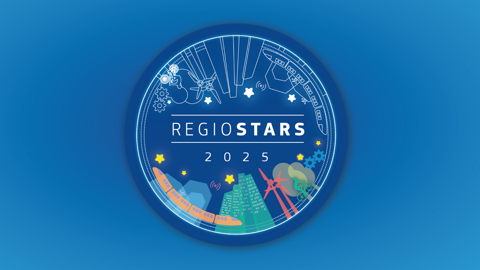 A circular blue graphic with the text "REGIOSTARS 2025" in the center, featuring outlines of technology, cityscapes, wind turbines, and stars, representing innovation and regional development.