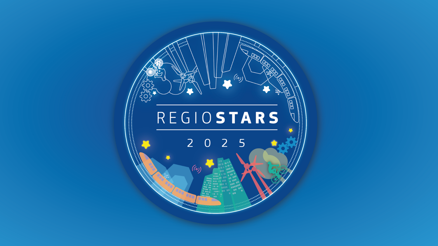 A circular blue graphic with the text "REGIOSTARS 2025" in the center, featuring outlines of technology, cityscapes, wind turbines, and stars, representing innovation and regional development.