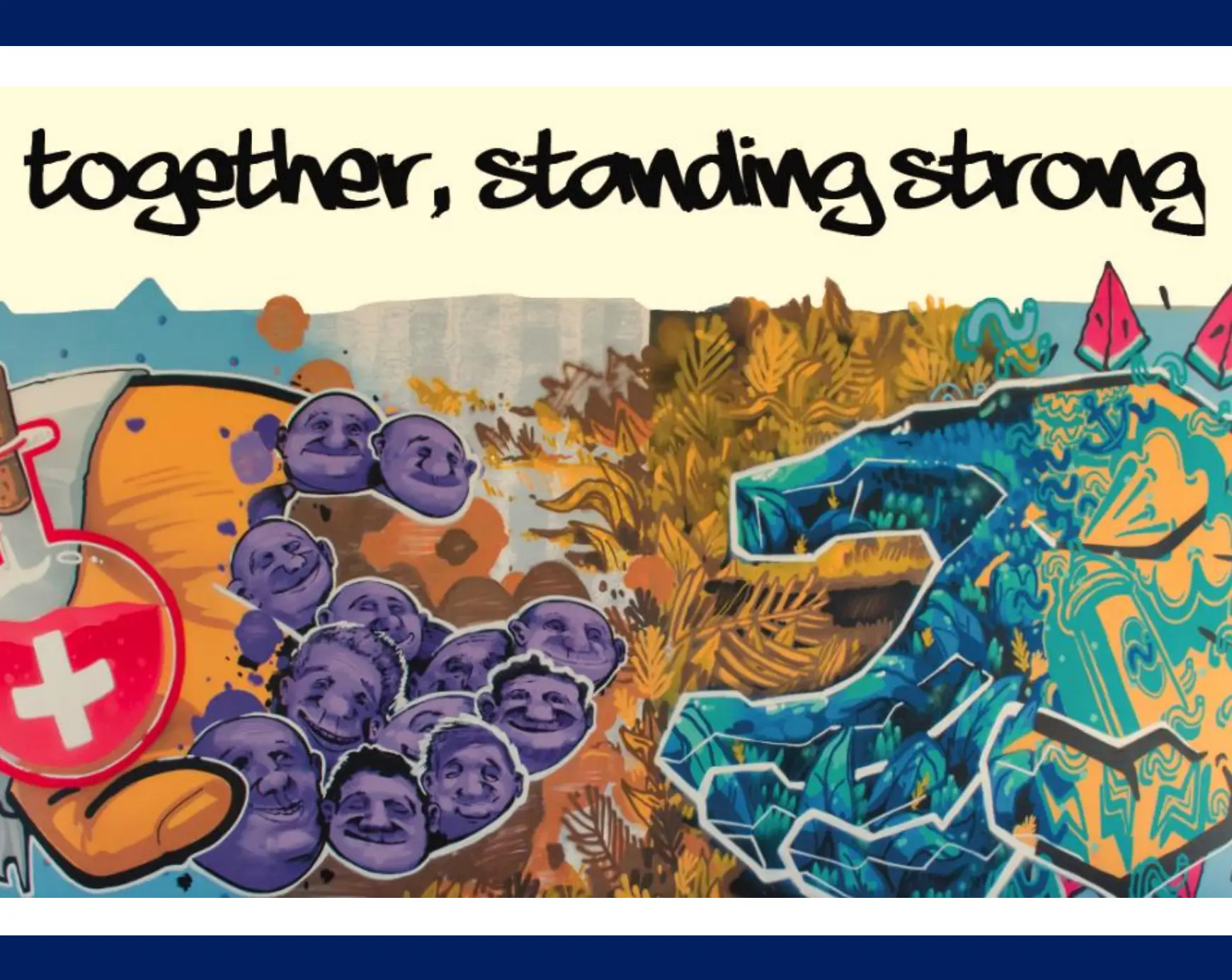 A colorful graffiti mural shows a cartoon boxing glove with medicine symbols releasing purple faces toward a blue beast, with the words "together, standing strong" written above in bold letters.