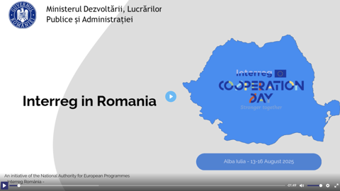 Slide featuring the Interreg Cooperation Day event in Romania, with a blue map of Romania, government and EU logos, and event details for Alba Iulia, 13-16 August 2025.