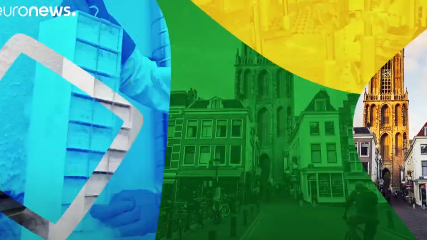 Abstract image featuring a blend of vibrant colors. The left side shows a person in protective gear working, while the right side displays a European cityscape with historic buildings and a cathedral. Euronews logo is visible in the top left corner.