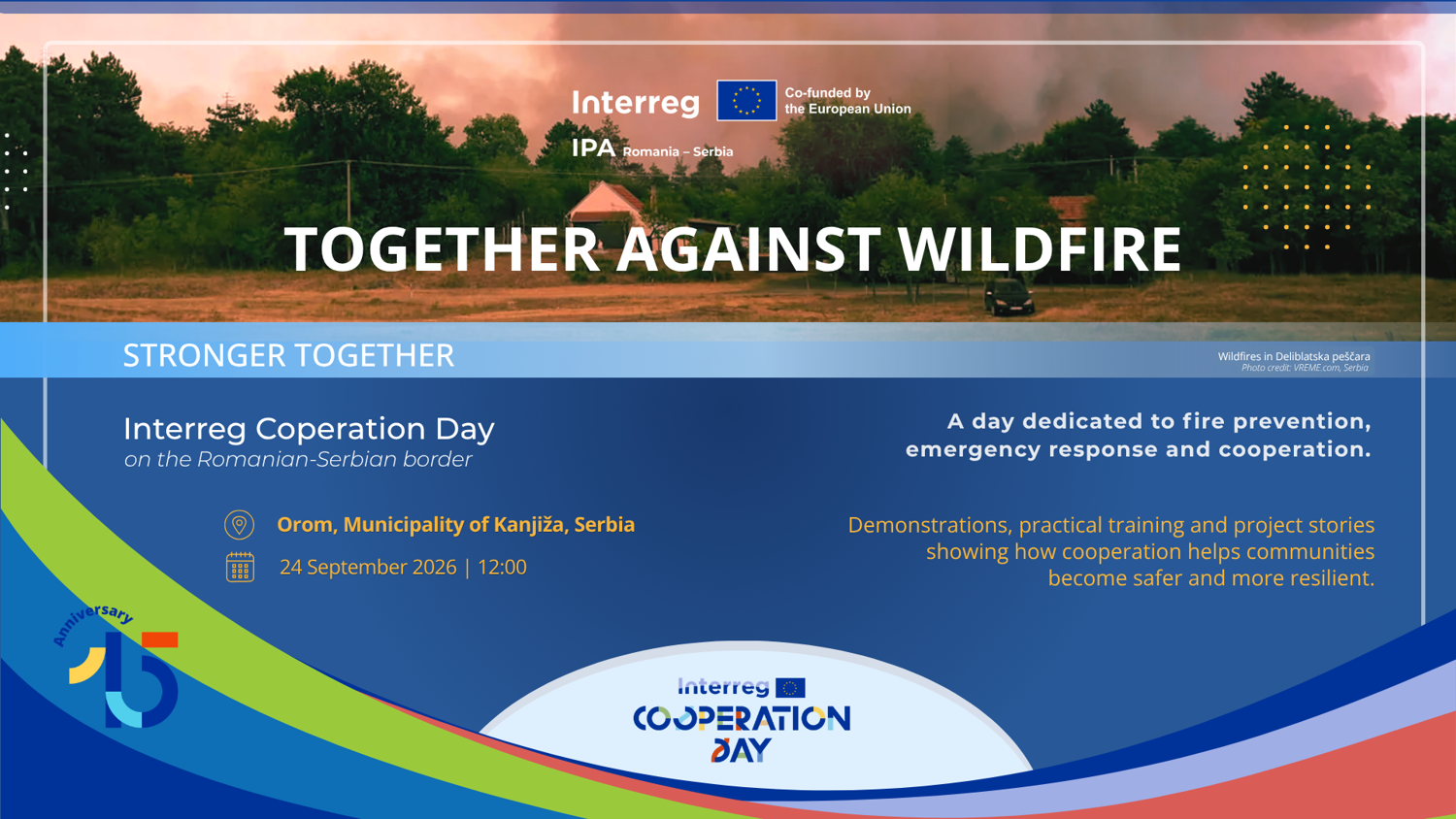 Banner for “Interreg Cooperation Day” shows wildfire smoke behind a house, event details, and European Union logos. Focus on fire prevention, emergency response, and community cooperation. Event in Serbia on 24 September 2026.